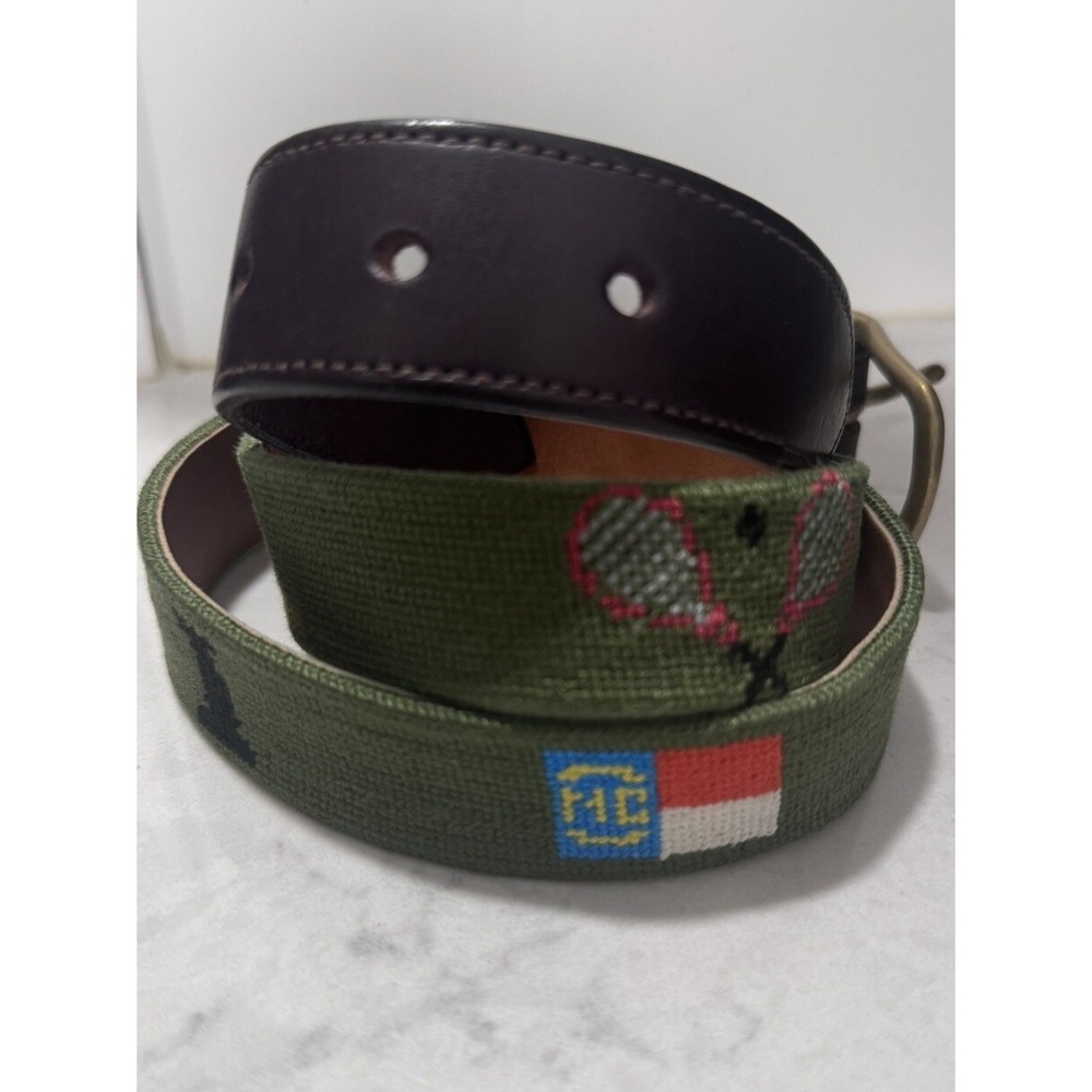 Men's Needlepoint Golf Tennis Liberty Flag Statue Belt Leather Brass Buckle 34